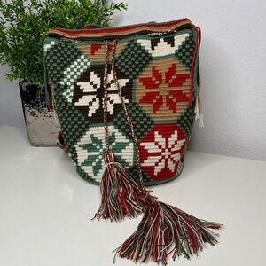 Handwoven Wayuu Mochila Boho Crossbody Bucket Bag Geometric Tassel Green Red
